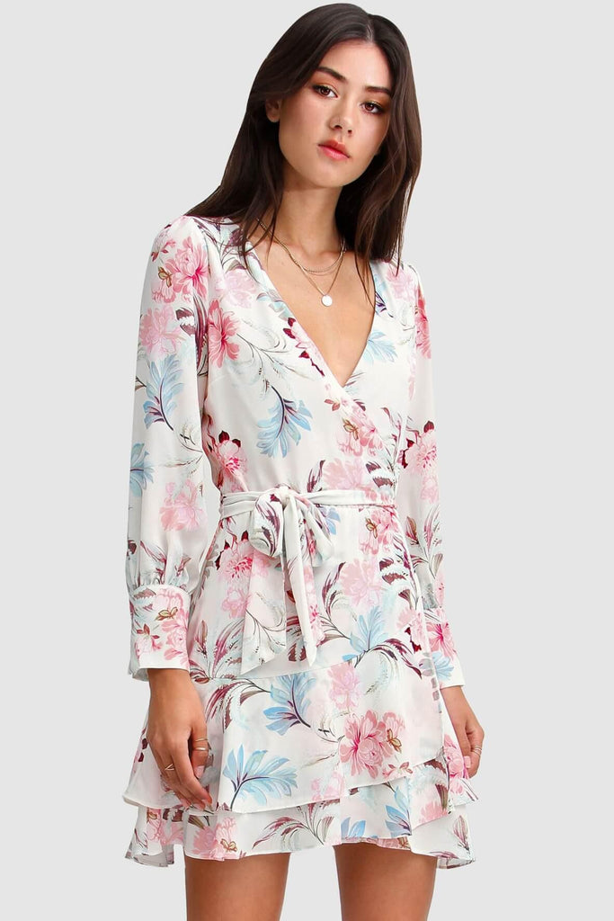 A Night With You Mini Wrap Dress in Cream - Belle & Bloom