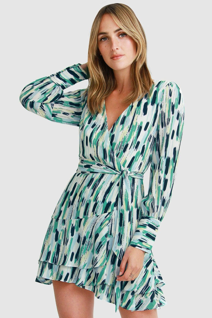 A Night With You Mini Wrap Dress in Green - Belle & Bloom