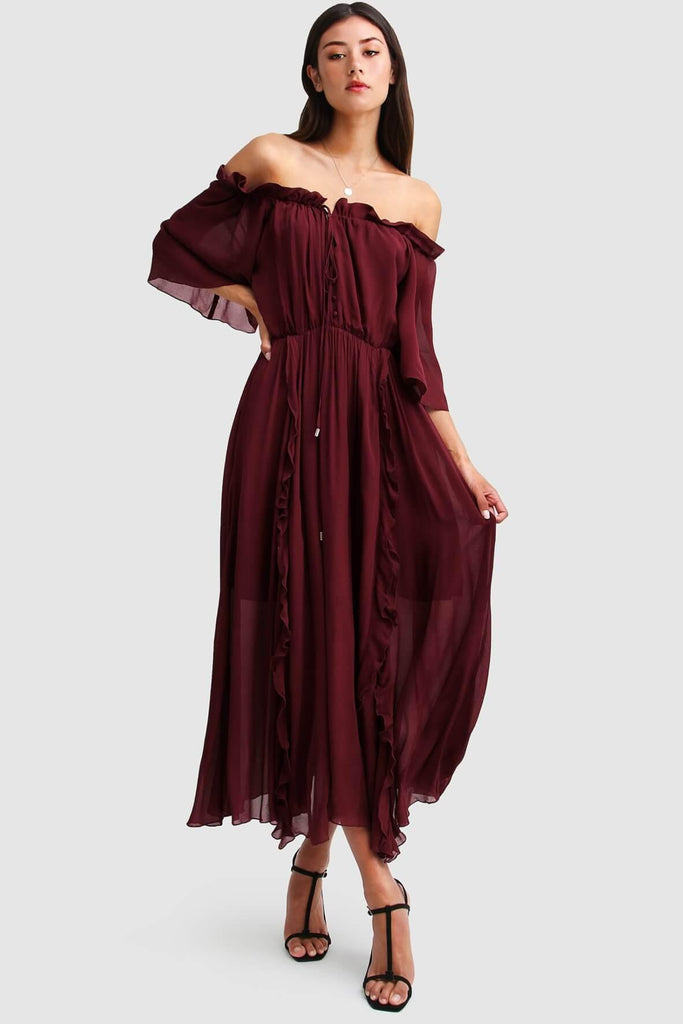 Amour Amour Ruffled Maxi Dress in Burgundy - Belle & Bloom