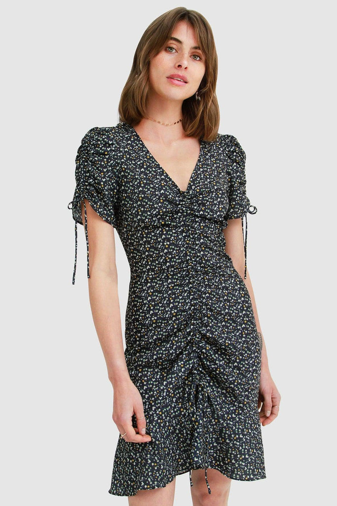 Penny Lane Rouched Mini Dress in Black - Belle & Bloom