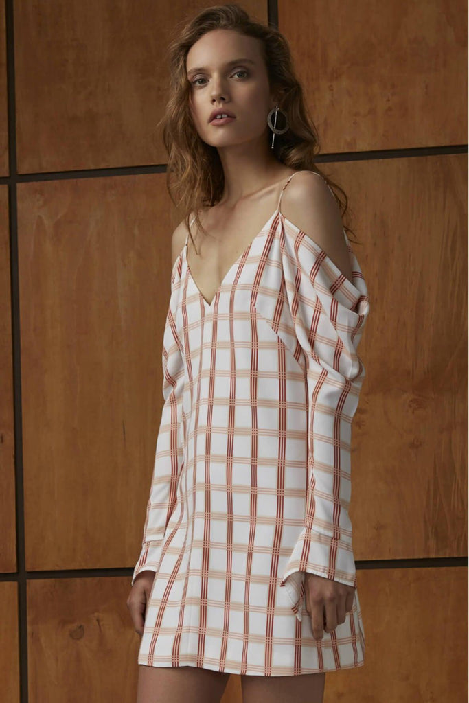 Cold Shoulder LS Check Dress - C/Meo Collective
