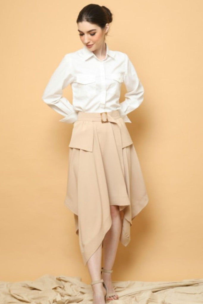 Asymmetrical Beige Skirt With Ruffle Belt - Creme De La Creme