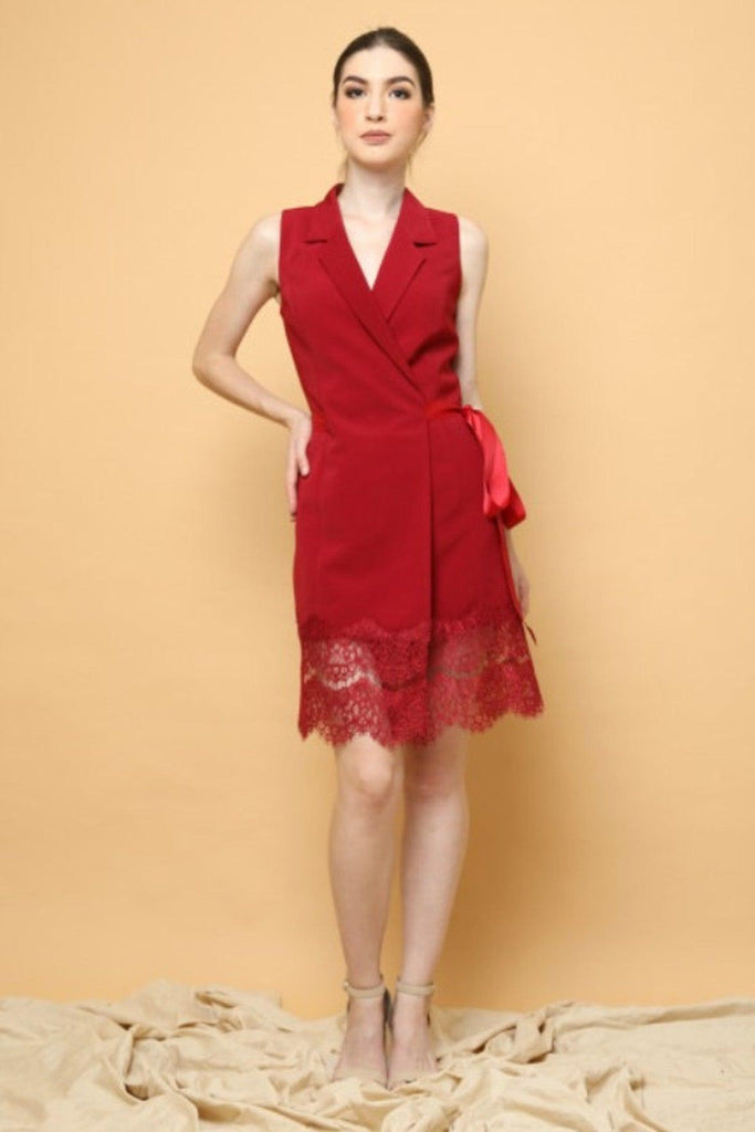 Maroon Red Dress With Lace & Ribbon - Creme De La Creme