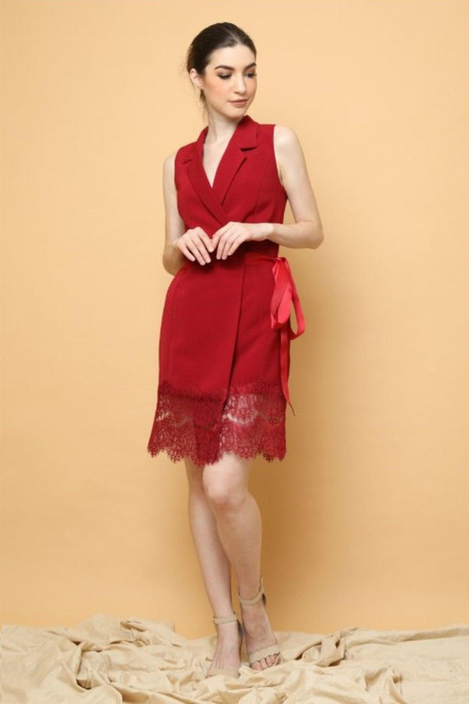 Maroon Red Dress With Lace & Ribbon - Creme De La Creme
