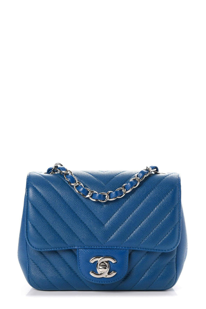 Chevron Quilted Caviar Classic Mini Square Flap Blue with Silver Hardware - CHANEL