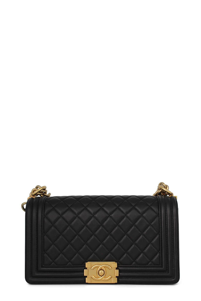 Quilted Calfskin Old Medium Boy Black with Gold Hardware - CHANEL
