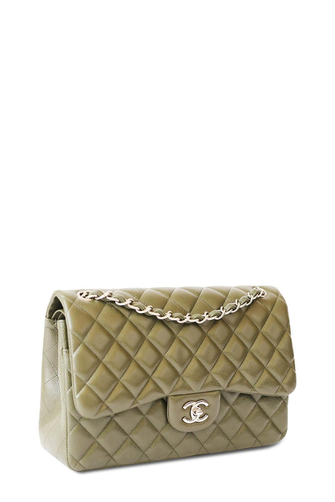 Quilted Caviar Jumbo Classic Flap Bag Khaki with Silver Hardware - Chanel