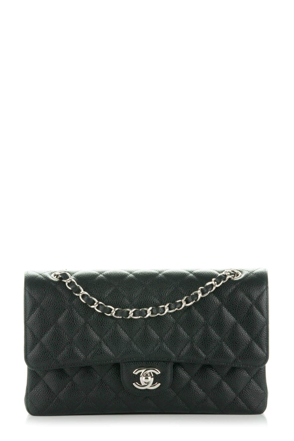 Quilted Caviar Medium Classic Flap Bag Black with Silver Hardware
