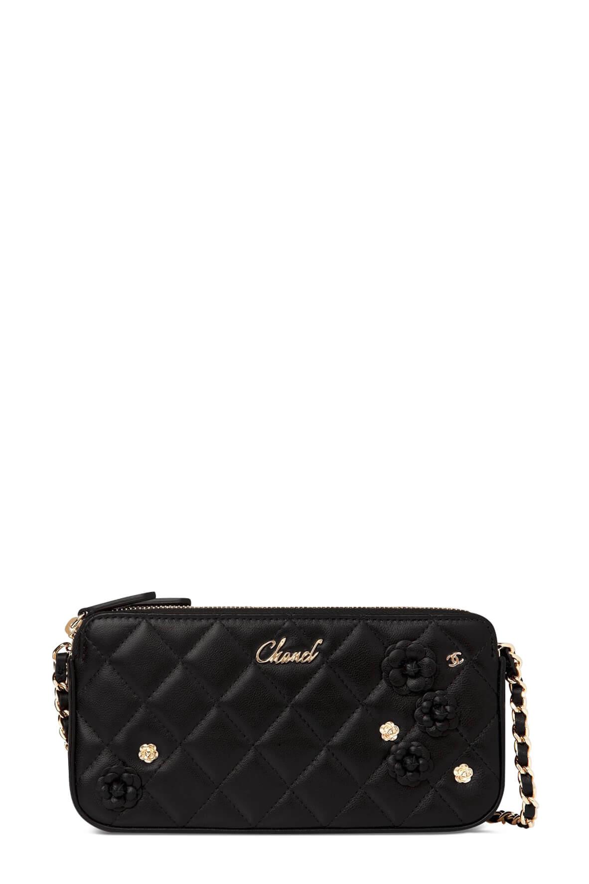 Quilted Lambskin Clutch with Chain Black Camellia Charms – Style Theory SG