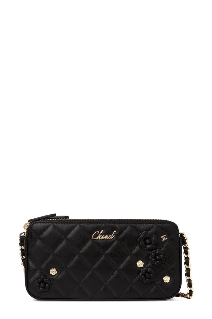 Quilted Lambskin Clutch with Chain Black Camellia Charms - CHANEL