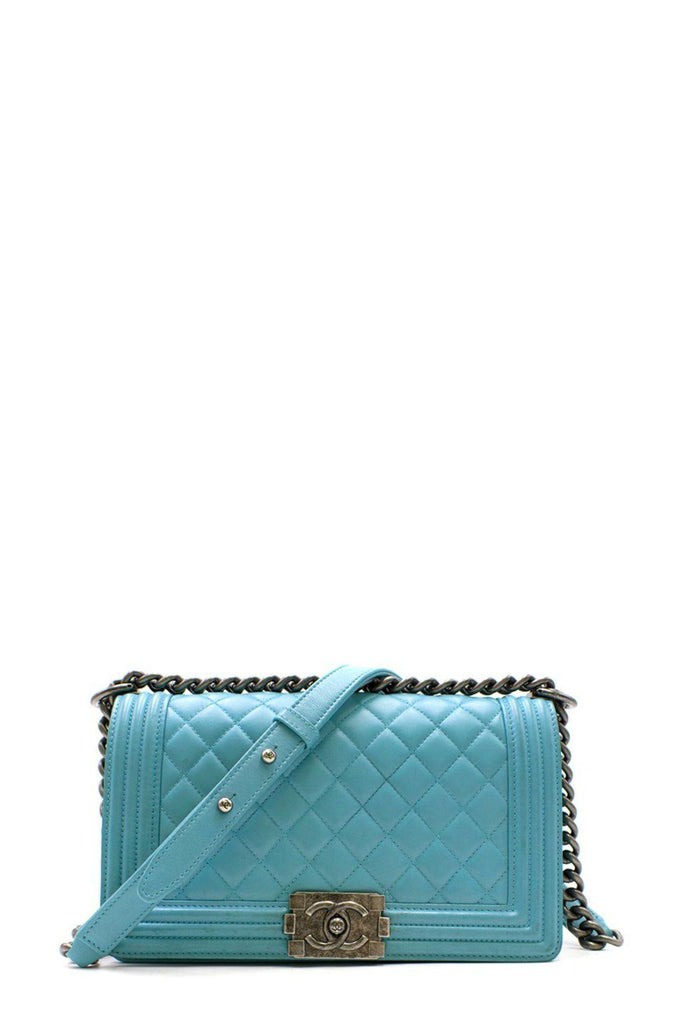 Quilted Lambskin Old Medium Boy in Ruthenium Hardware Turquoise - Chanel