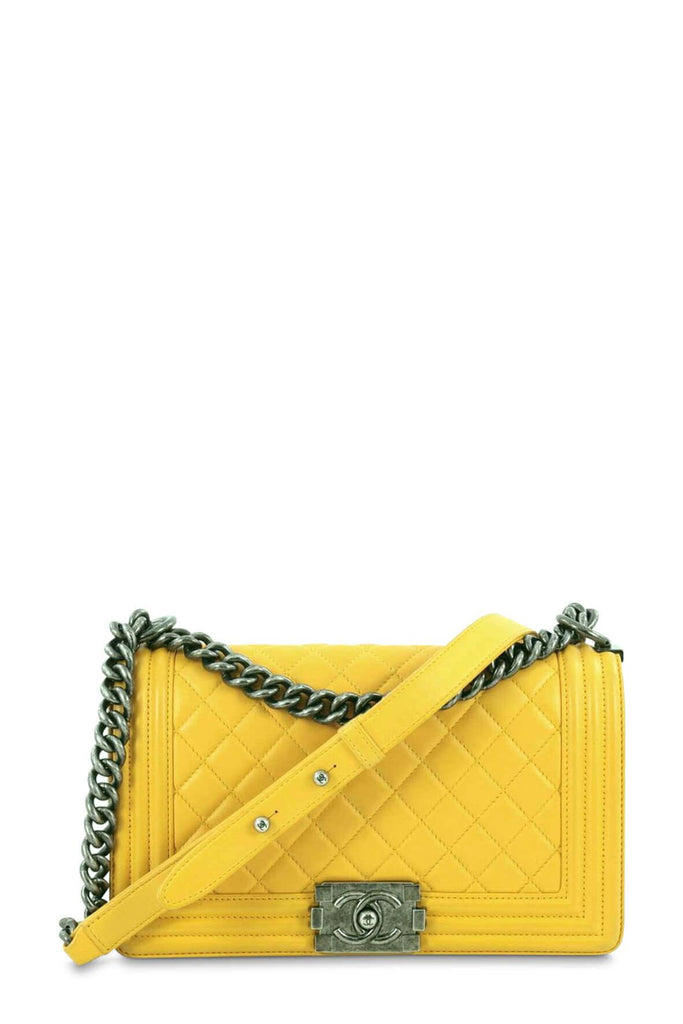 Quilted Lambskin Old Medium Boy in Ruthenium Hardware Yellow - Chanel