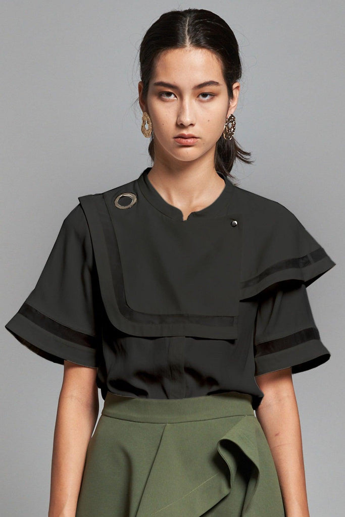 Asymmetrical Layered Trimming Shirt Black - Charlotte Ng Studio