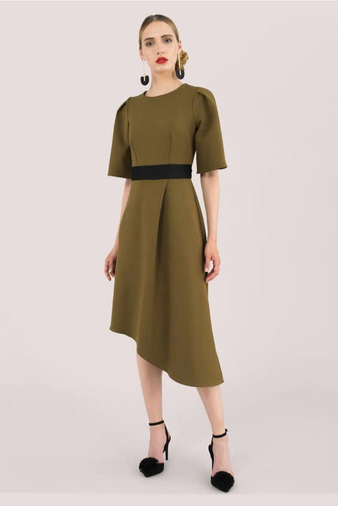 Khaki A-Line Pleated Asymmetrical Dress - Closet London