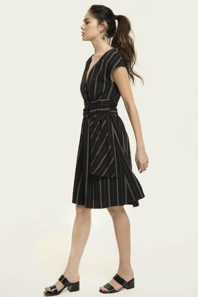 Black Asymmetric Dress with White Stripes - Cubic Original