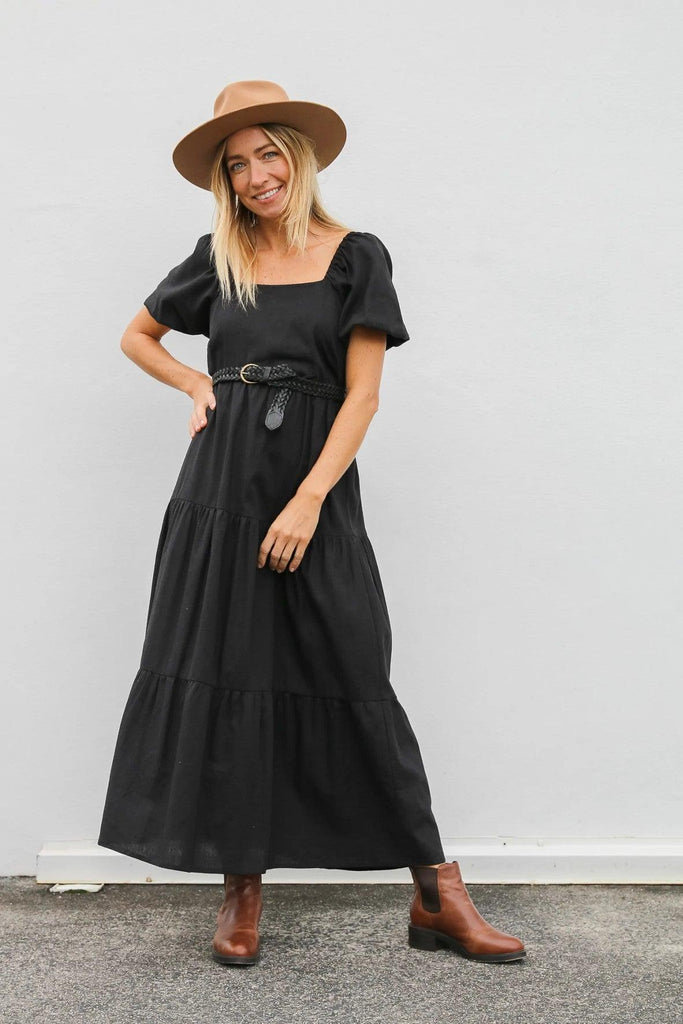 Black Linen Viola Puff Sleeve Maxi Dress - Dreamers & Drifters