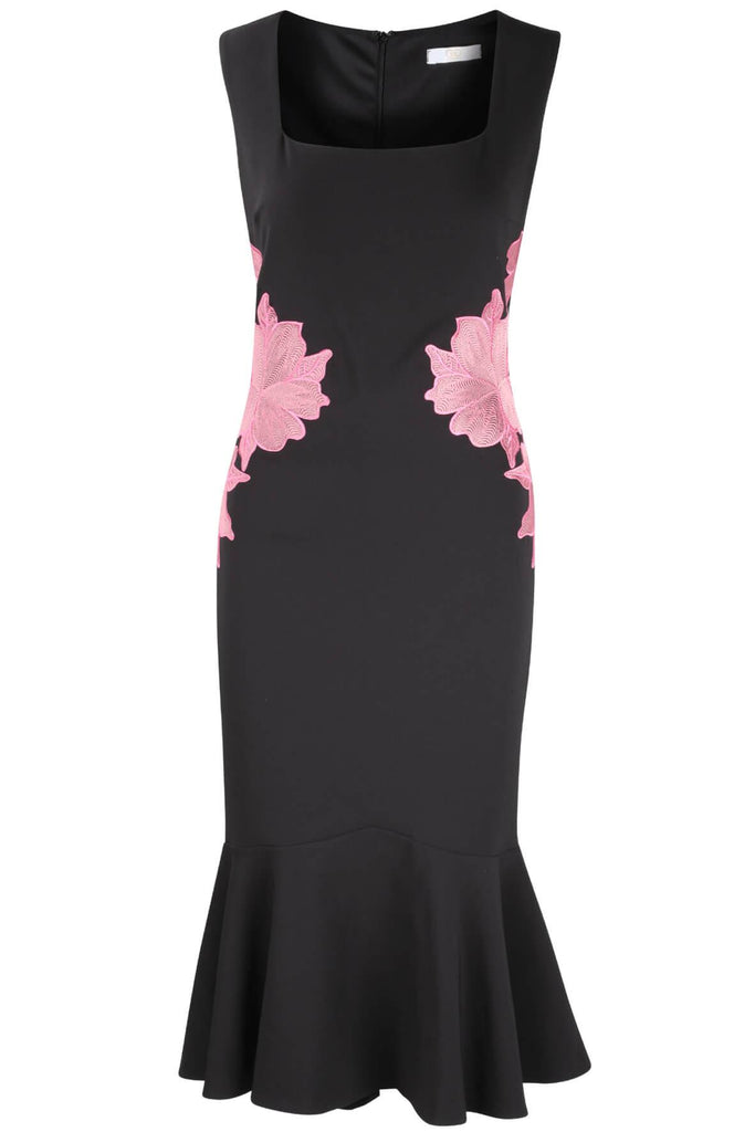 Darcia Black And Pink Stretch Crepe Midi Dress Floral Applique - Genese London