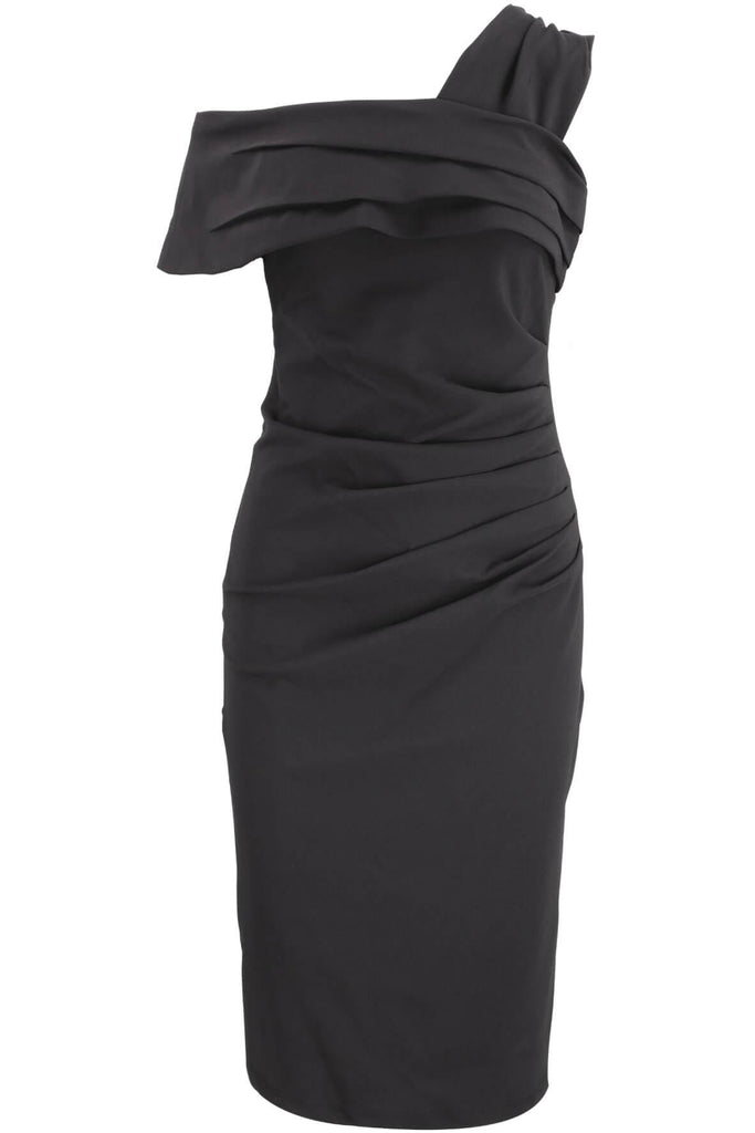Lucia Black Stretch Crepe Asymmetric Midi Dress - Genese London