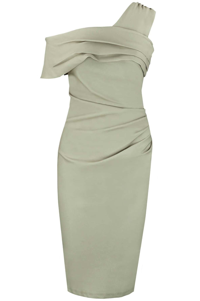 Lucia Olive Stretch Crepe Asymmetric Midi Dress - Genese London