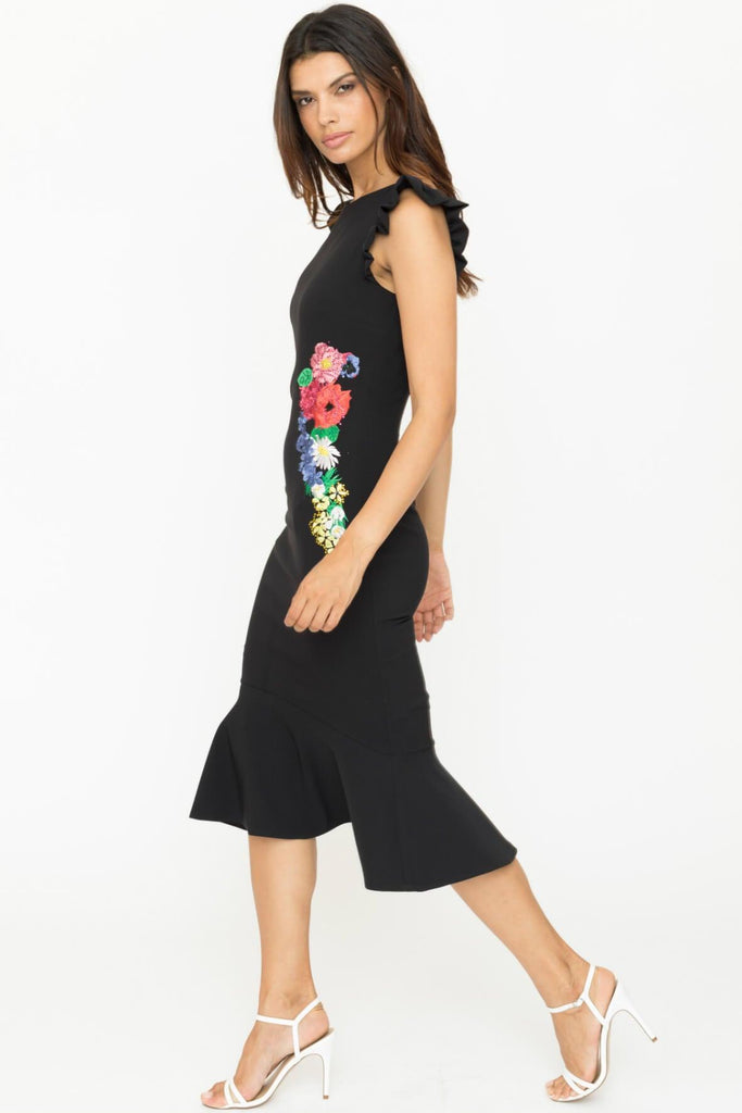 Midi Dress with Frilled Shoulders and Fluted Hem - Genese London