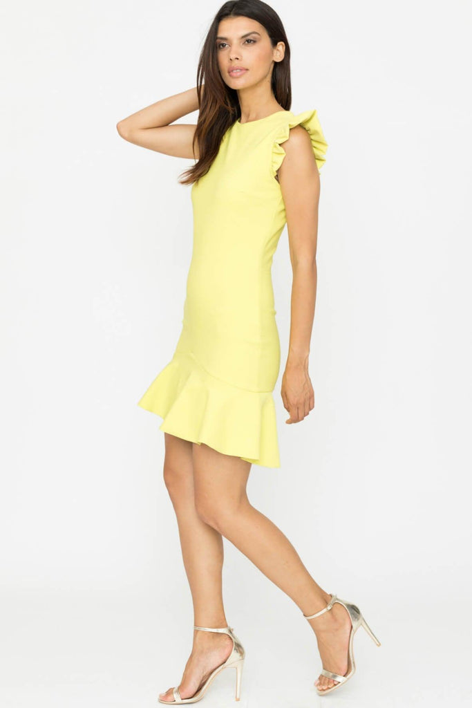 Mini Dress with Frilled Shoulders Yellow - Genese London