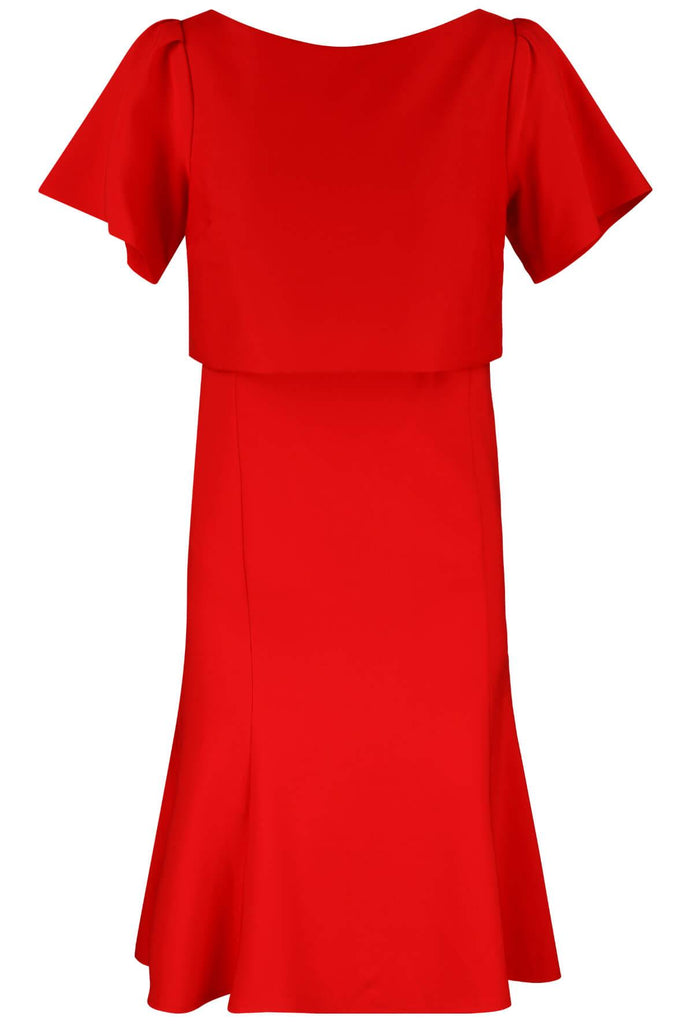 Stretch Crepe Midi Dress with Fluted Hem Red - Genese London