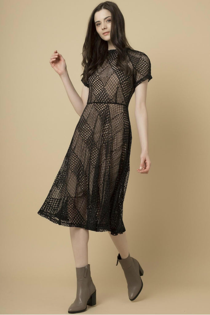 Black Diamond Shape Lace Midi Flair Dress with Separate Bias Cut Black Chiffon Slip Dress - Goldie