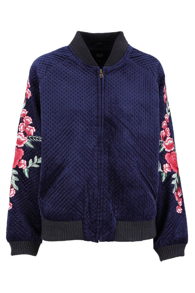 Navy Quilted Velvet Bomber Jacket with Flower Embroidered Sleeves - Goldie