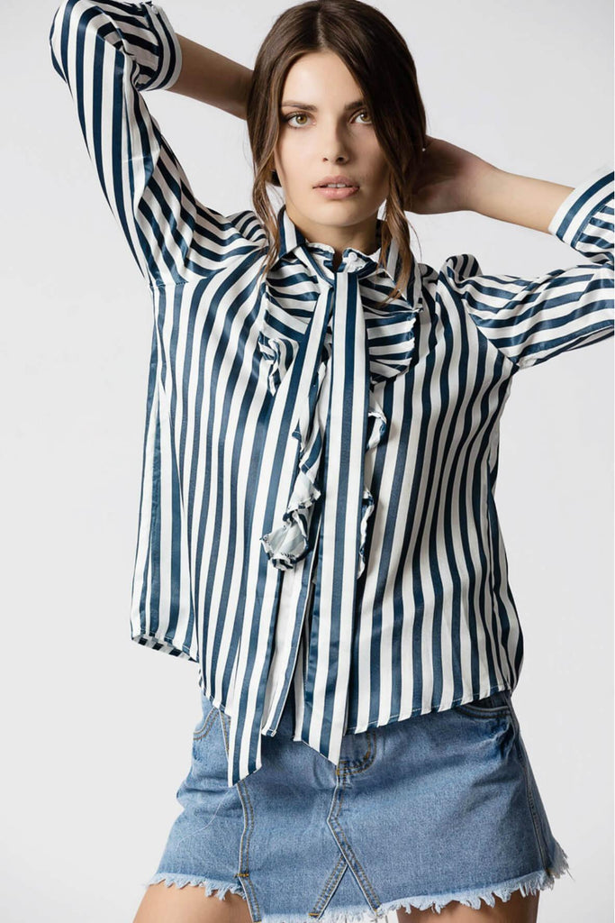 Scarlet Striped Bow Blouse - Haute Rogue