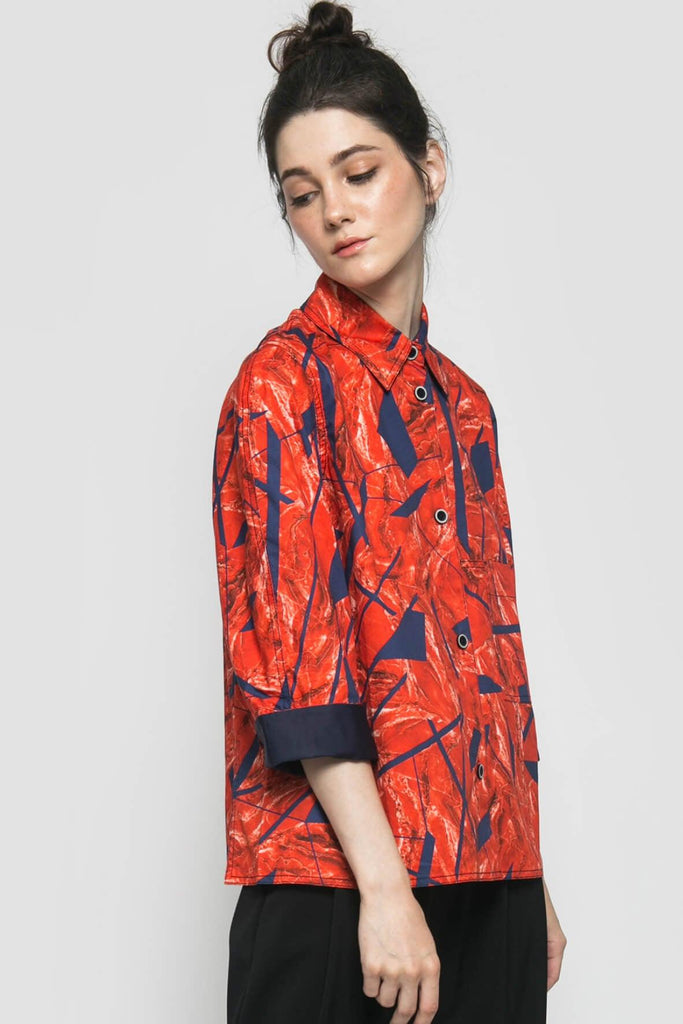 Red Blue Printed Cotton Shirt - House of V