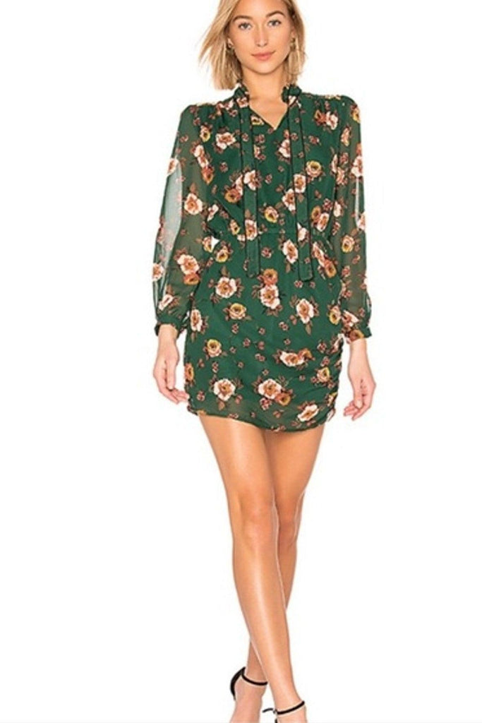 Green Mini Dress With Long Sleeves & Multicolour Floral Prints - J.O.A.