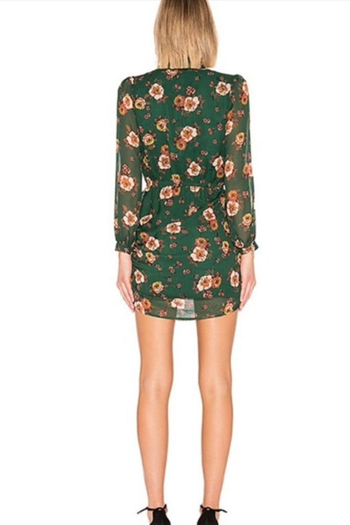 Green Mini Dress With Long Sleeves & Multicolour Floral Prints - J.O.A.