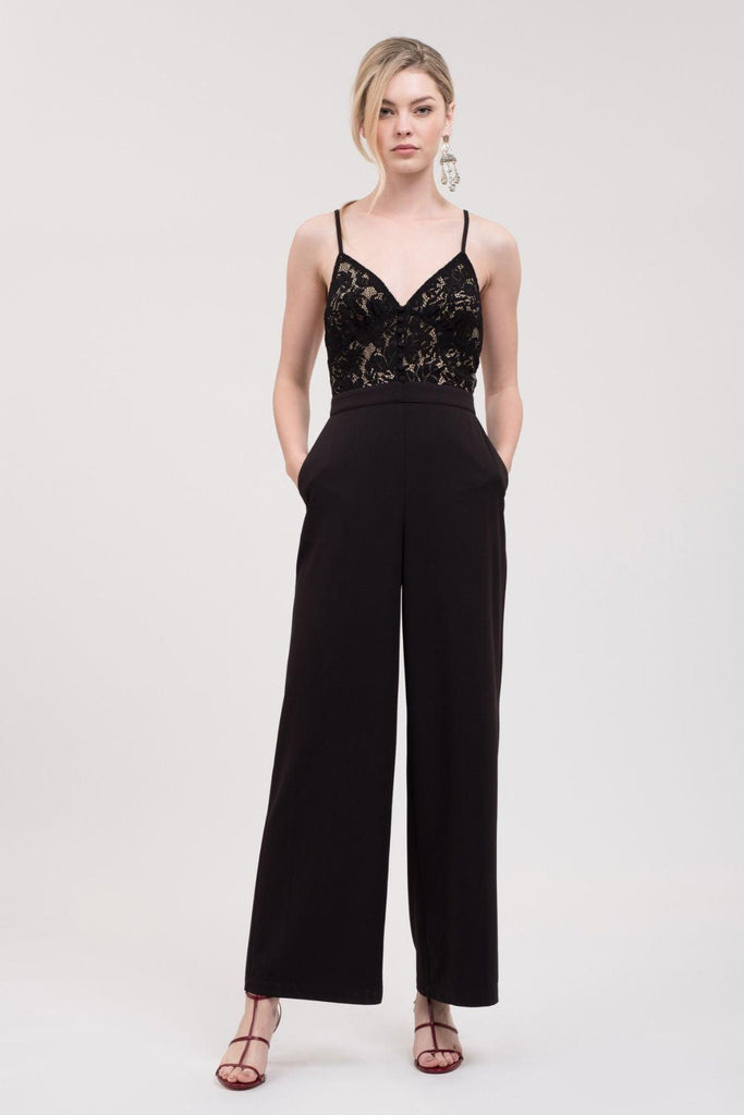 Woven Spaghetti Strap Jumpsuit with Lace - J.O.A.