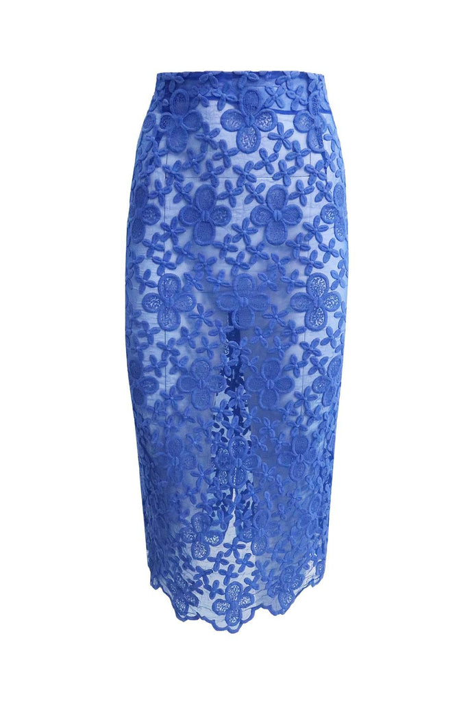 See-through Blue Mesh Floral Maxi Skirt With Back Split - Karla Spetic