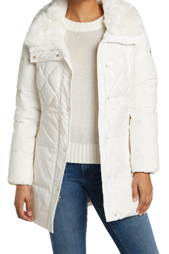 Faux Fur Collar Mixed Quilted Puffer Jacket - Kate Spade