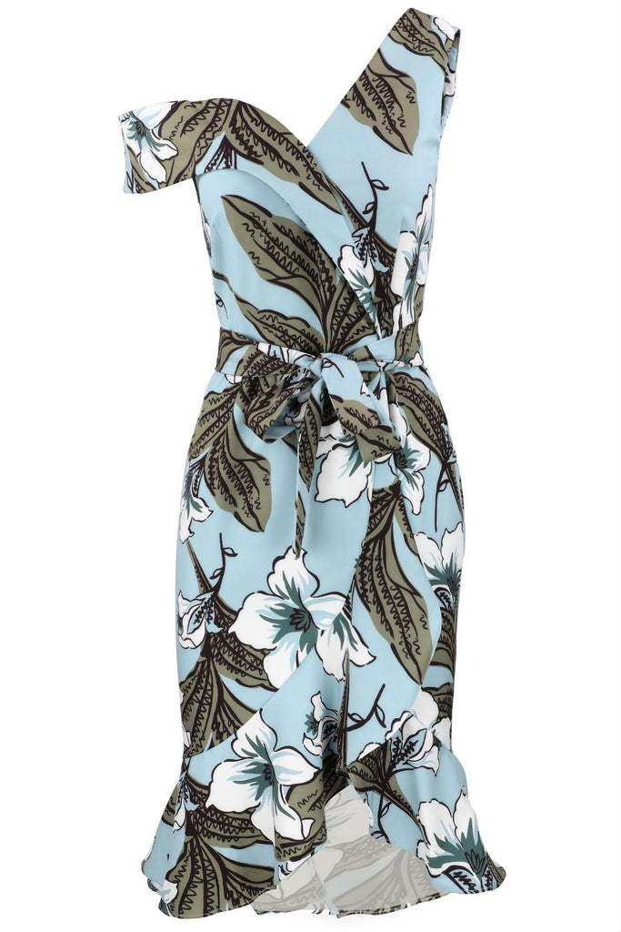 Printed One Shoulder Ruffle Wrap Dress with Belt in Floral Print - Lavish Alice