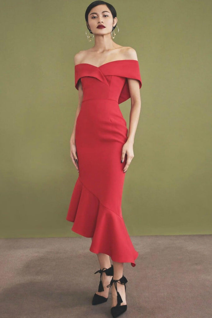 Woven Bardot Asymmetric Dress - Lavish Alice