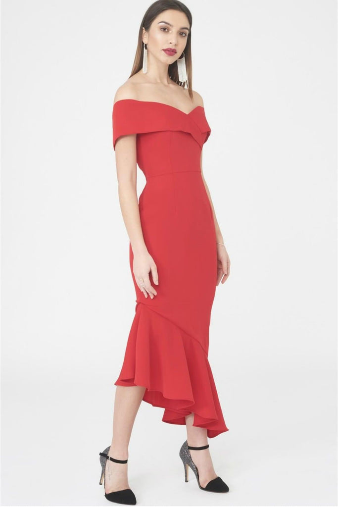 Woven Bardot Asymmetric Dress - Lavish Alice