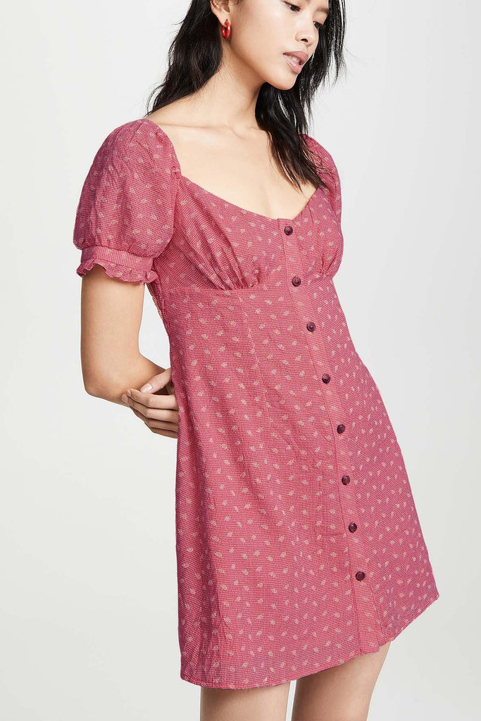 Red Checkered Button-up Dress With Leaf Embroidery - Lerumi
