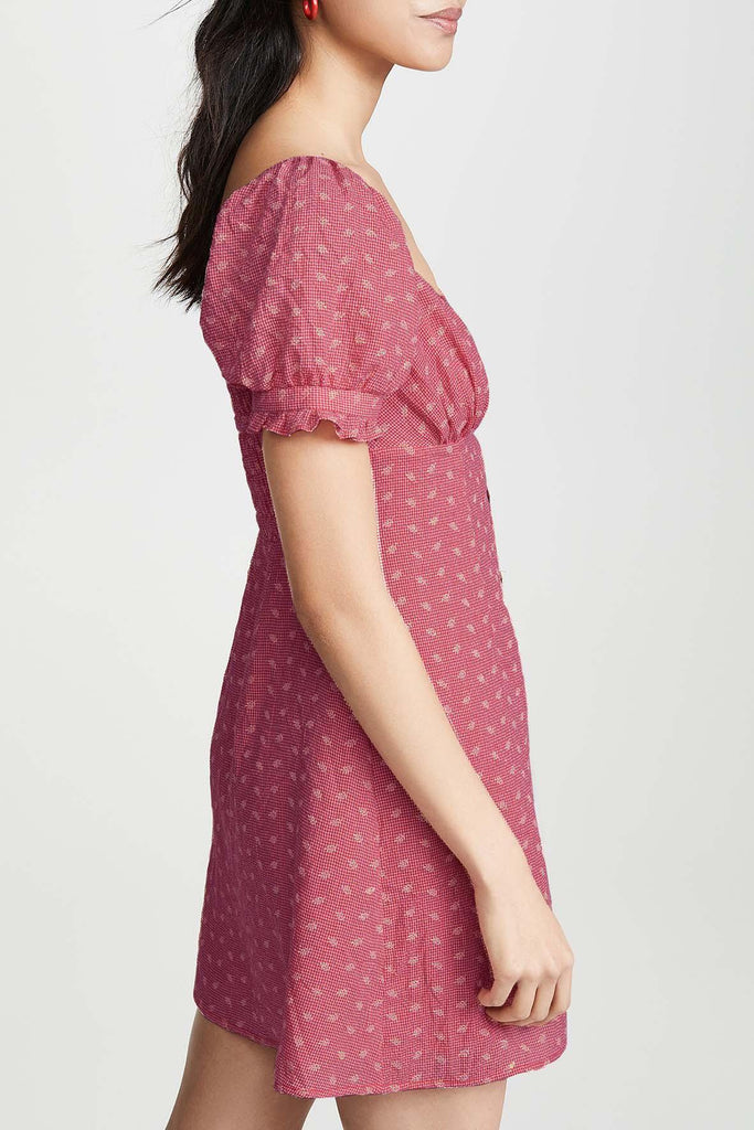 Red Checkered Button-up Dress With Leaf Embroidery - Lerumi