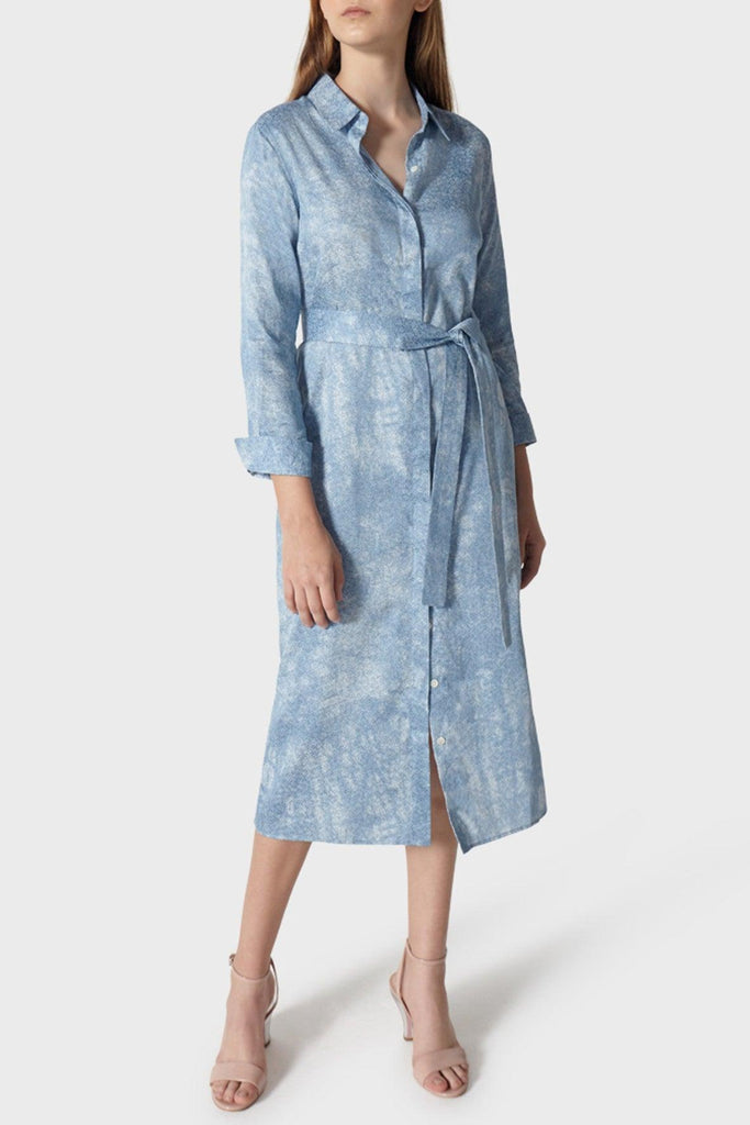 Cotton Midi Shirt Dress in Light Blue Botanical Print - Maison Wu