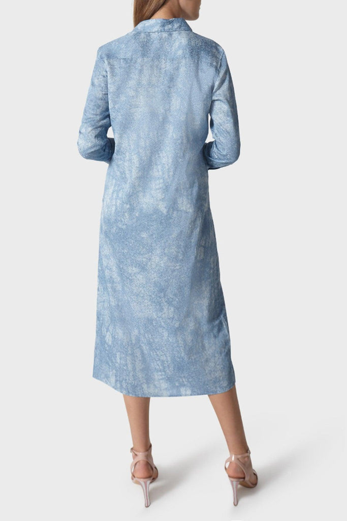 Cotton Midi Shirt Dress in Light Blue Botanical Print - Maison Wu