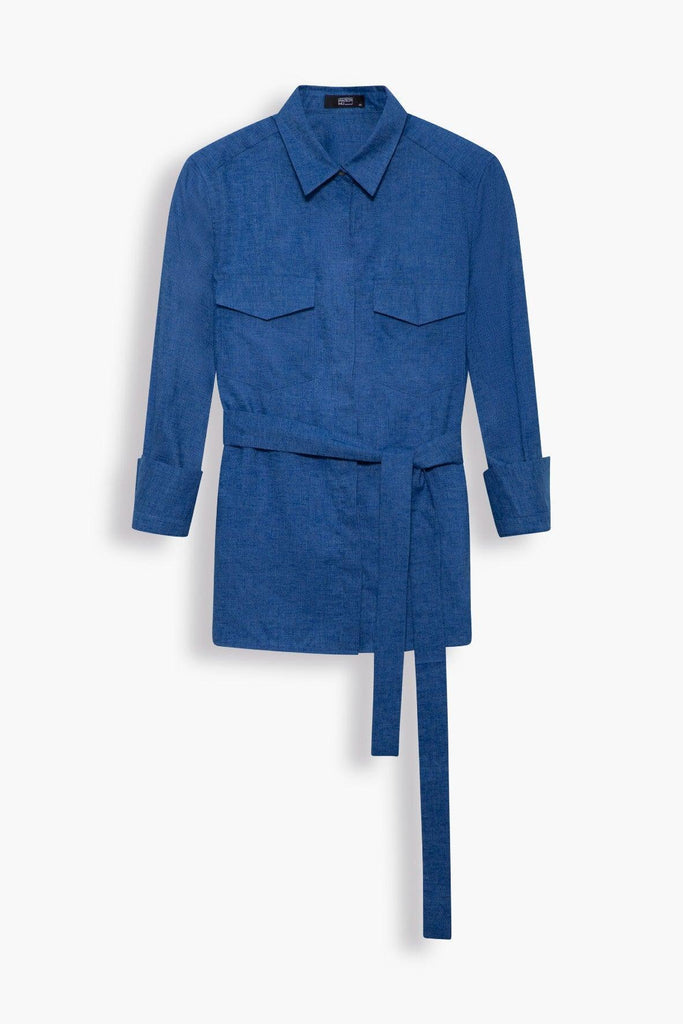 Linen-Blend Belted Button Shirt in Denim Blue - Maison Wu