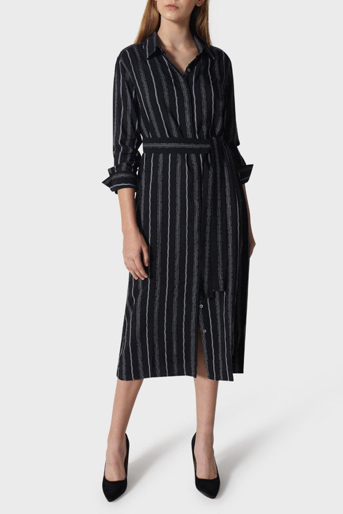 Midi Shirt Dress in Black Stripe - Maison Wu