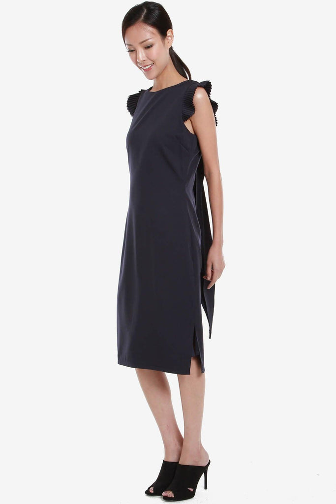 Pleated Shoulder Dress With Back Drape Navy - Mint Ooak x Style Theory