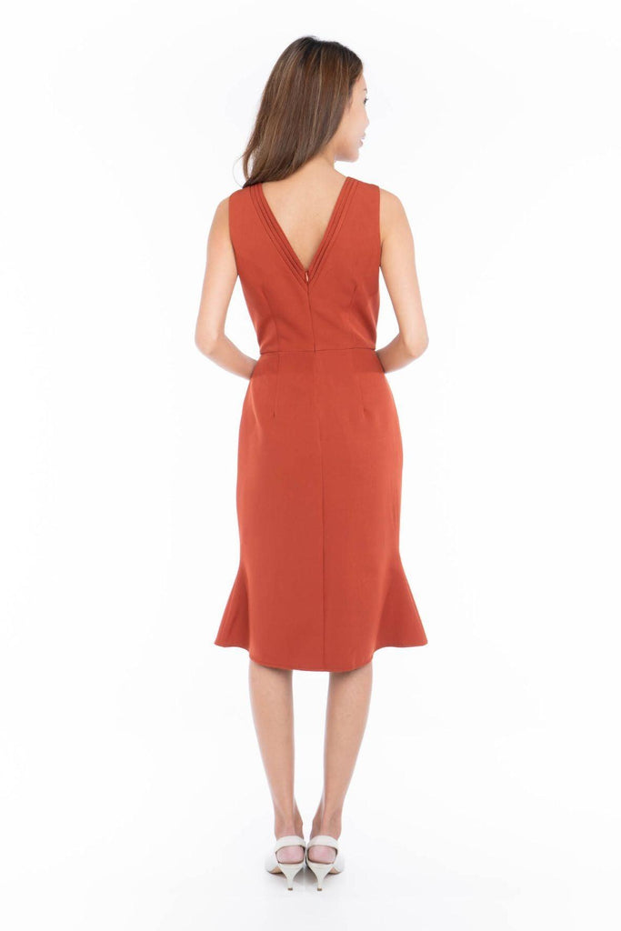 Front-slit A-line Dress with V Back Pleated Detail Orange - Mint Ooak X Style Theory
