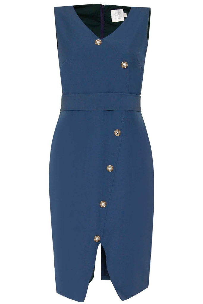 Overlap Pencil Dress with Button Details Blue - Mint Ooak x Style Theory