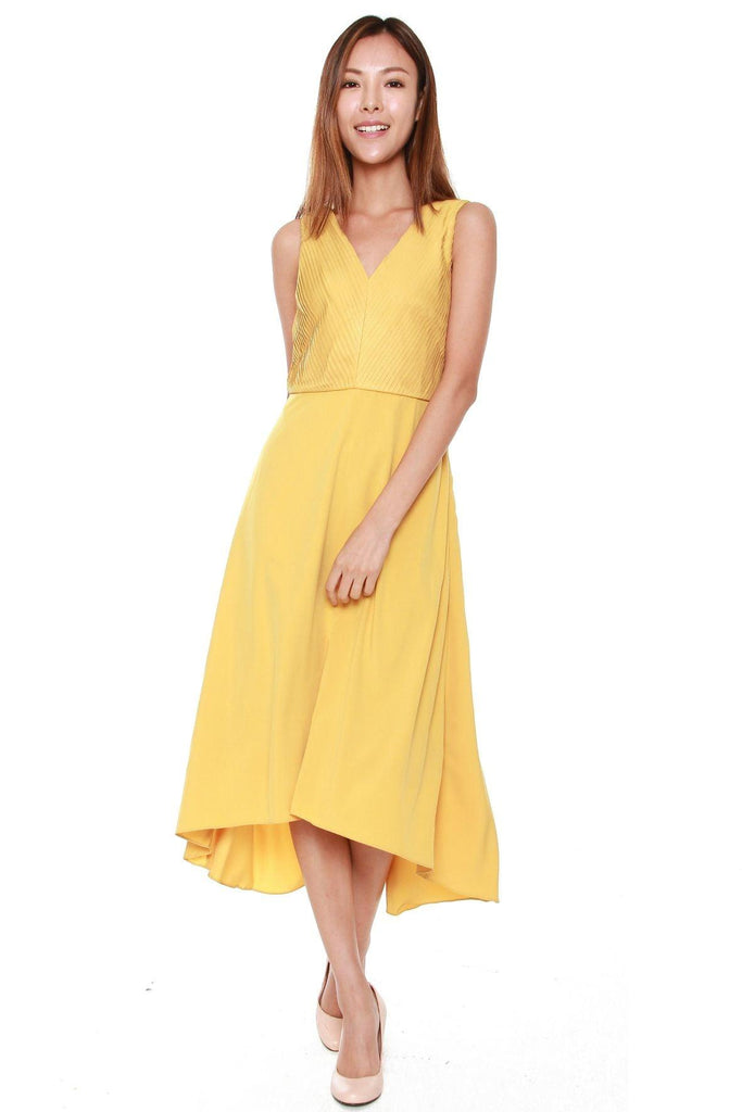 Pleated V-Neck Swing Dress Yellow - Mint Ooak x Style Theory
