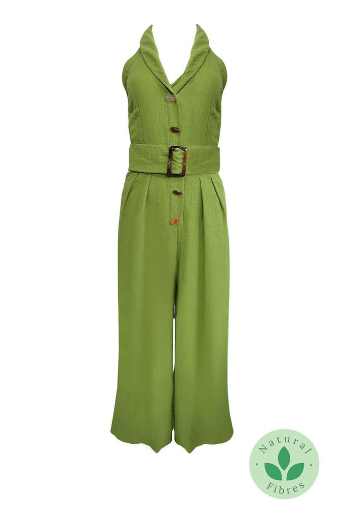 Green Open-Back Jumpsuit With Belt - Moon River