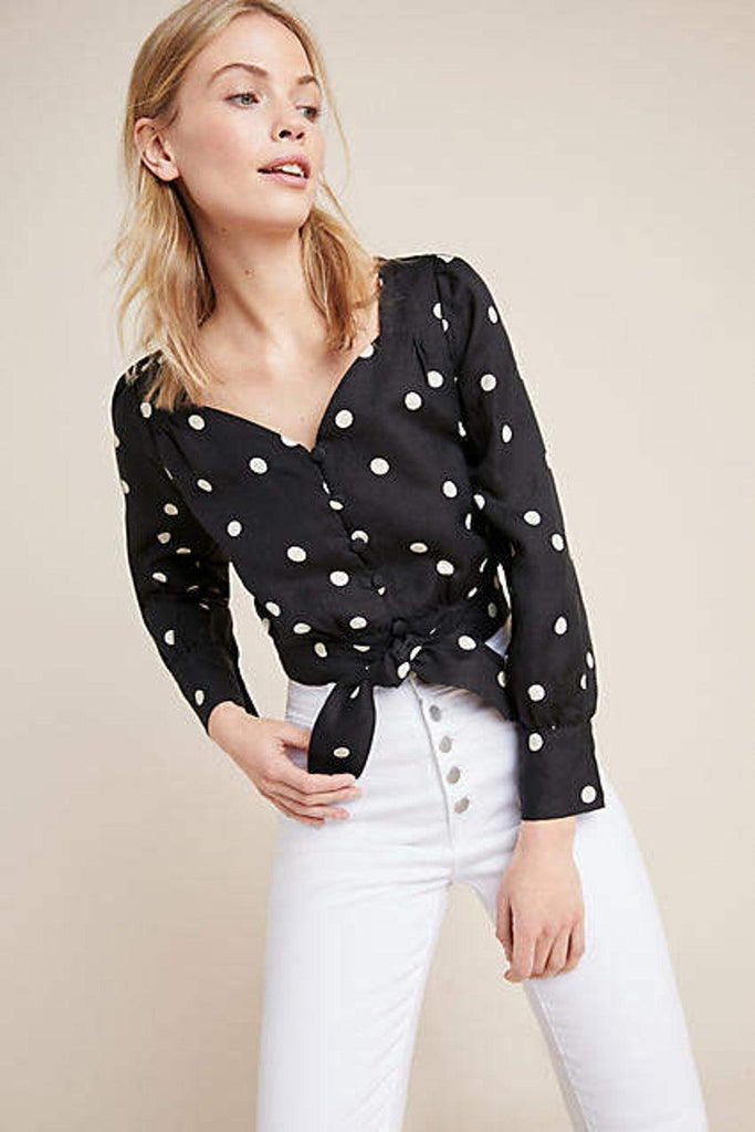 Black Button-Up Crop Top With White Polka Dots - Moon River